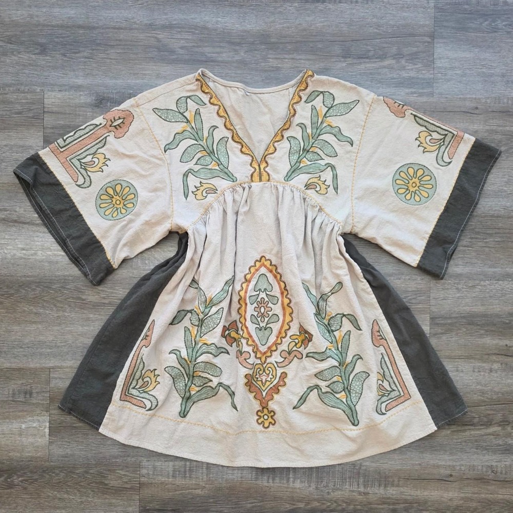 Unbranded Beige Embroidered Babydoll Dress Women Boho Cottagecore XS Excellent